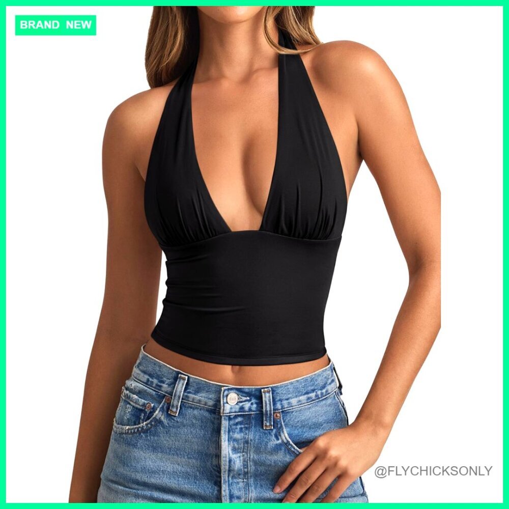 Plunge Neck Backless Halter Tank Top Double Lined Stretchy Crop Top